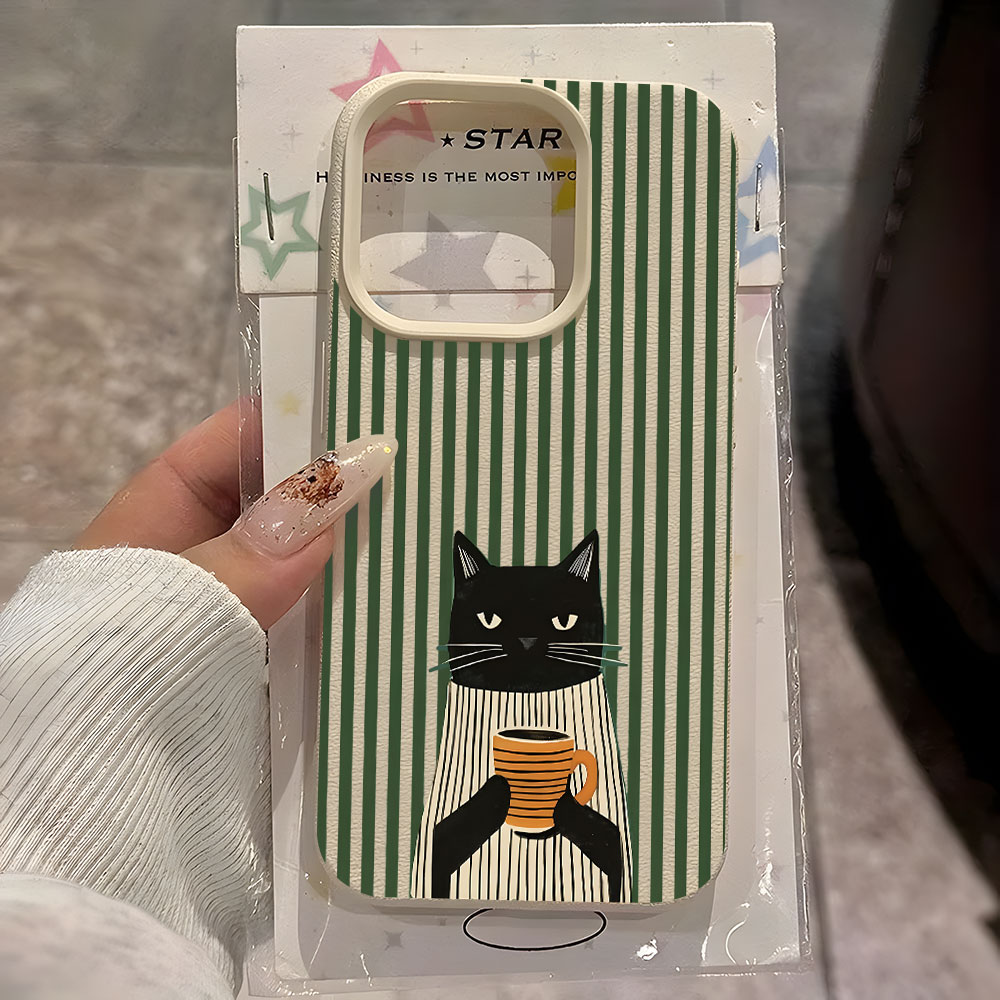Phone Cases Quirky - Funny Coffee Cat Pattern Lychee Phone