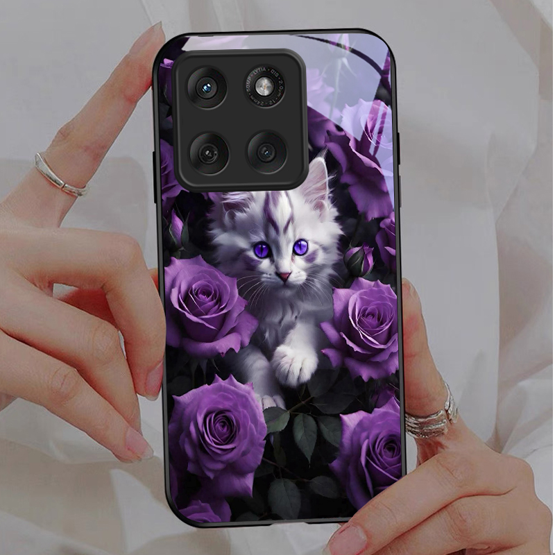 Kitten Purple Roses Black Glas - Phone Cases Motorola 评论和价格